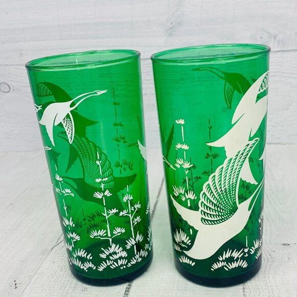 MCM Anchor Hocking CANADIAN GEESE Ducks Frost Green 14oz Tumbler Glasses Set 2 - Picture 2 of 7